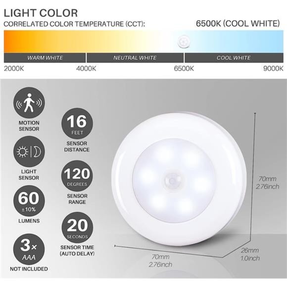 Motion Sensor Lights Indoor,High CRI Stick on Stair Puck Lights Battery Operated - Picture 4 of 6